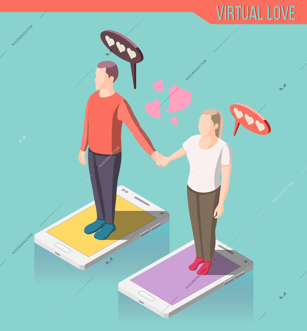 Virtual love isometric composition, man and woman standing on smart phone screen and holding hands vector illustration