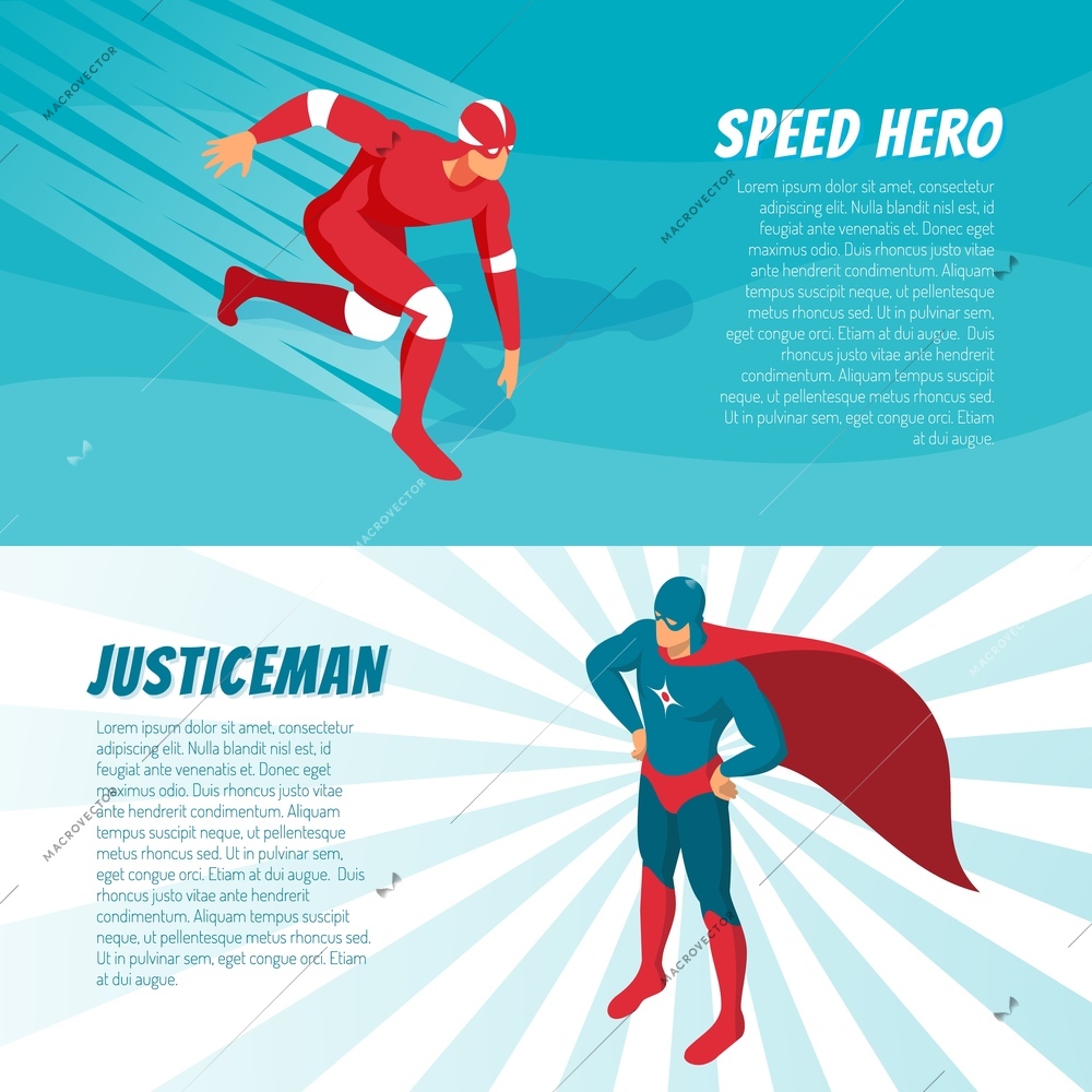 Fantastic superheroes in bright costumes horizontal isometric banners set 3d isolated vector illustration