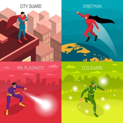 Four superheroes with various powers isometric 2x2 design concept isolated on colorful background 3d vector illustration