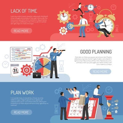 Planning work and schedule three horizontal banners set flat isolated vector illustration