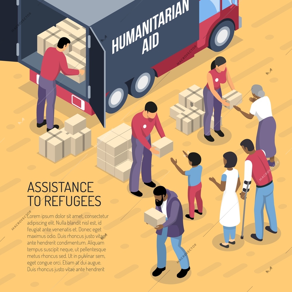 Humanitarian aid van and volunteers helping refugees 3d isometric vector illustration