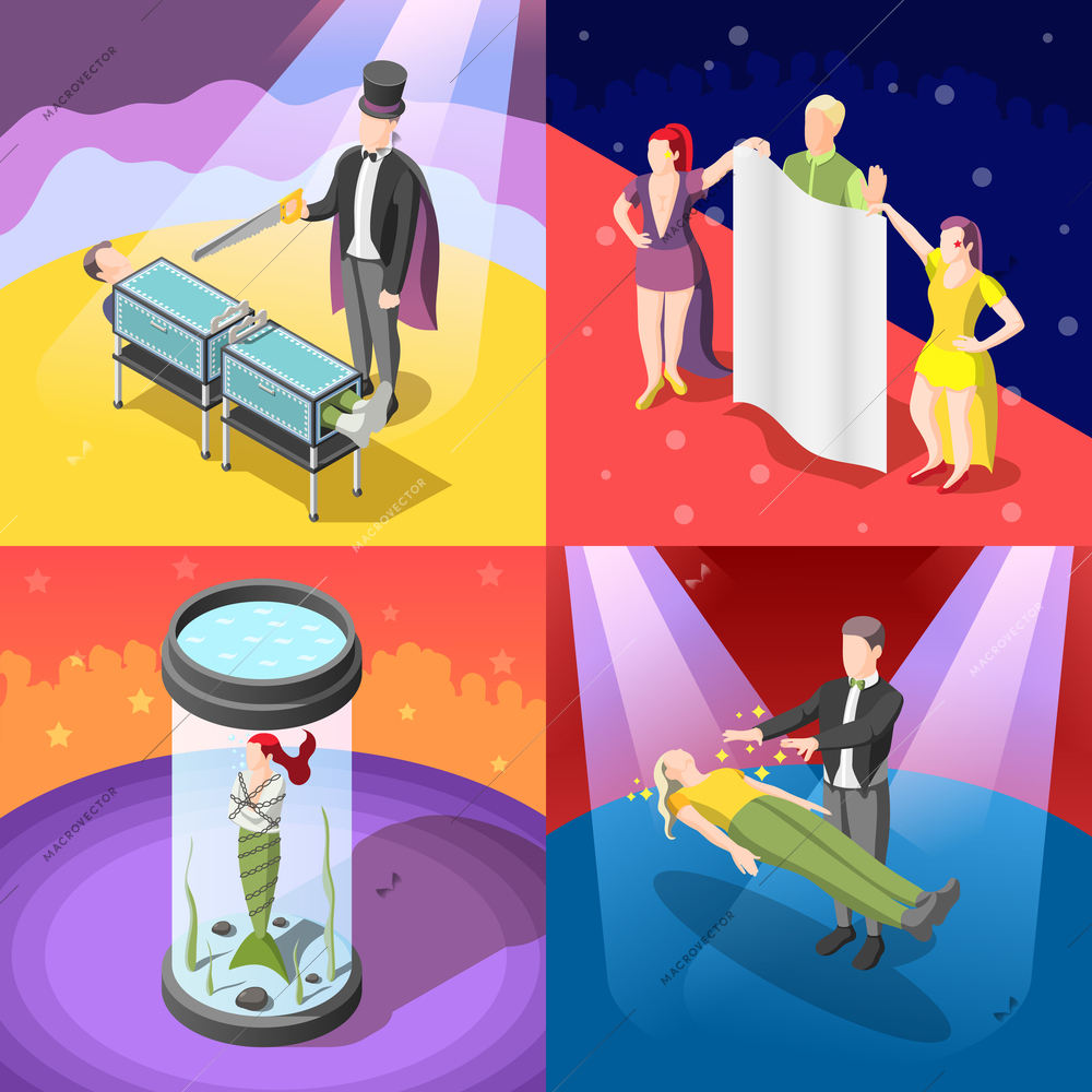 Magic show isometric concept with escape from closed water chamber, trick with sawing, levitation, isolated vector illustration