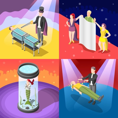 Magic show isometric concept with escape from closed water chamber, trick with sawing, levitation, isolated vector illustration