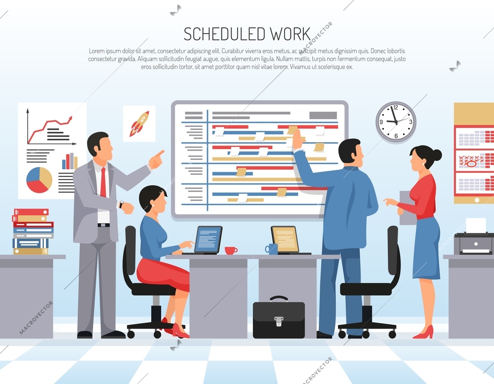 Colleagues schedule and planning work at office flat vector illustration