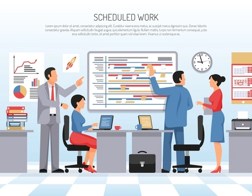 Colleagues schedule and planning work at office flat vector illustration