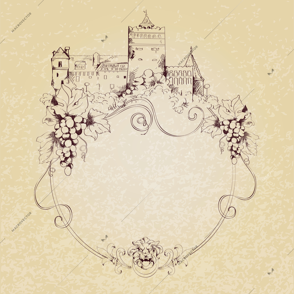 Old city castle sketch background with decorative frame vector illustration