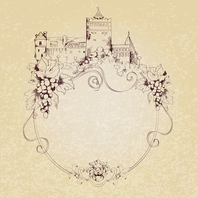 Old city castle sketch background with decorative frame vector illustration