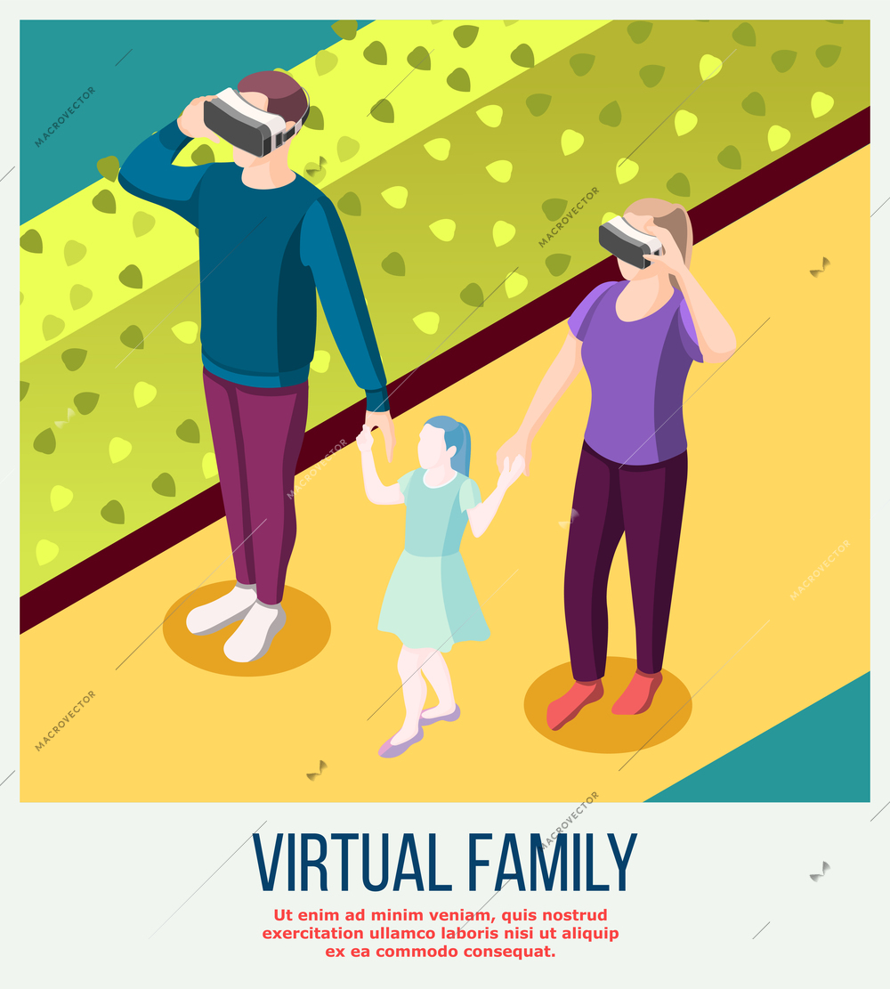 Virtual family from actual adults in vr glasses and fictitious daughter during stroll isometric background vector illustration