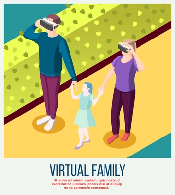 Virtual family from actual adults in vr glasses and fictitious daughter during stroll isometric background vector illustration