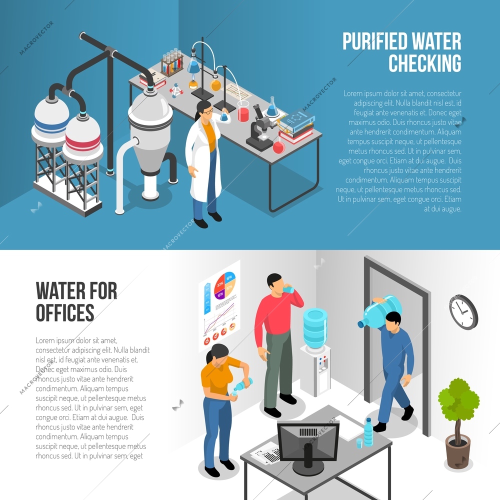 Isometric horizontal banners set with water purification process and delivering bottles in office 3d isolated vector illustration