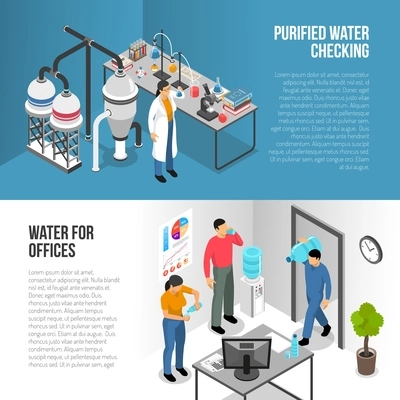 Isometric horizontal banners set with water purification process and delivering bottles in office 3d isolated vector illustration