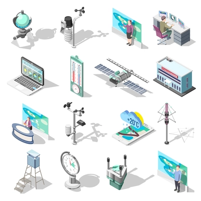 Forecasters, office building and devices including weather satellite, thermometer, wind measurement instrument, isometric icons isolated vector illustration