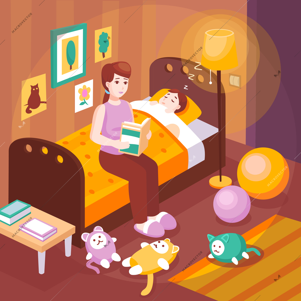 Mother reading aloud bedtime stories sitting on child bed preparing kid for sleep retro poster vector illustration