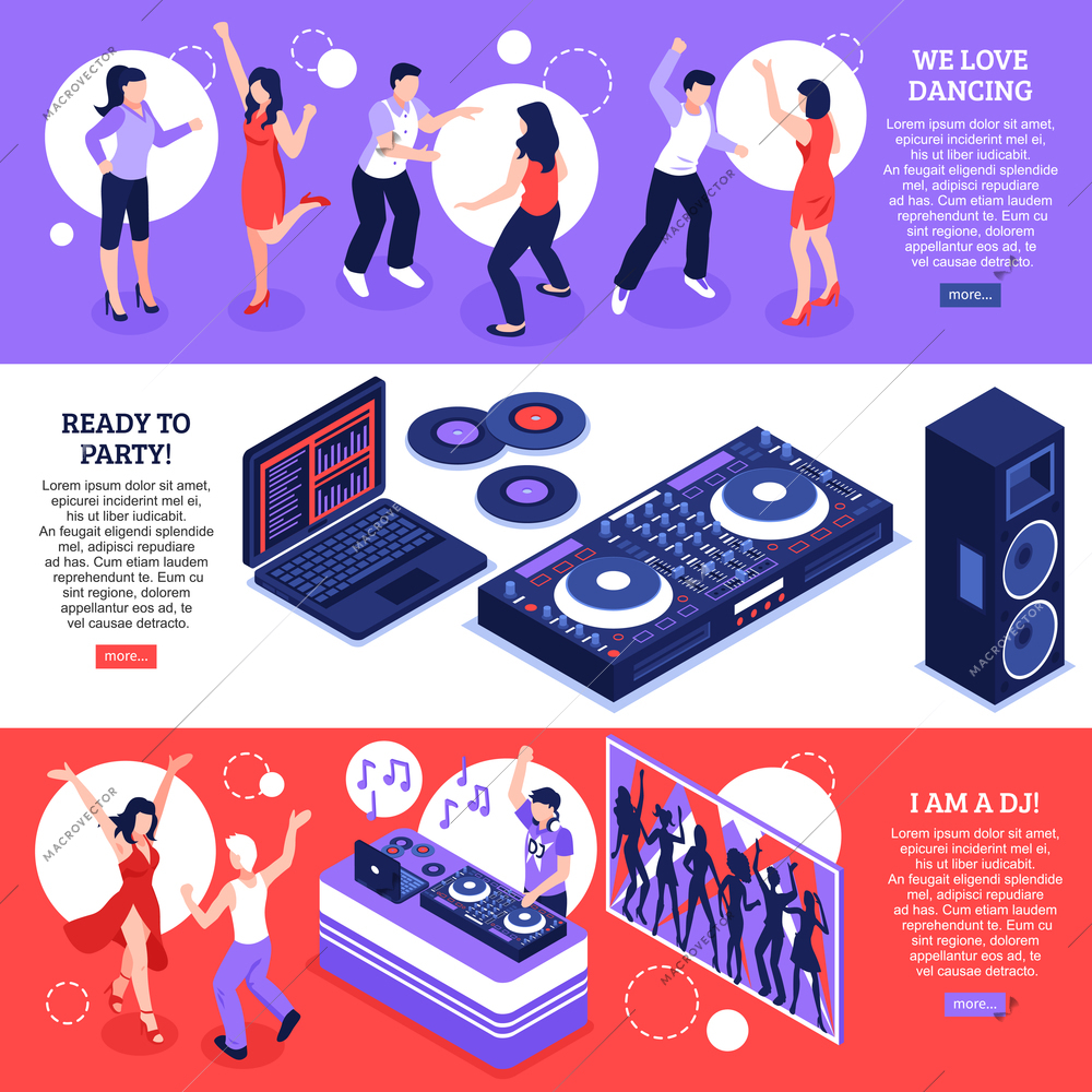 DJ music 3 horizontal web page banners with disco dancing party equipment installations accessories isolated vector illustration