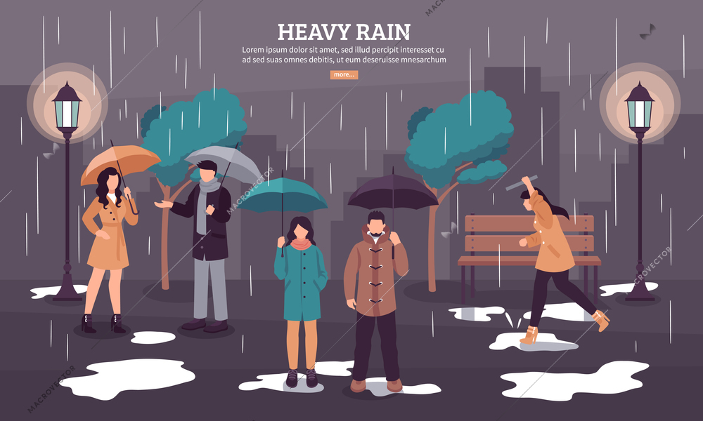 Weather forecast web page with heavy rain on dark cloudy day with people under umbrellas vector illustration