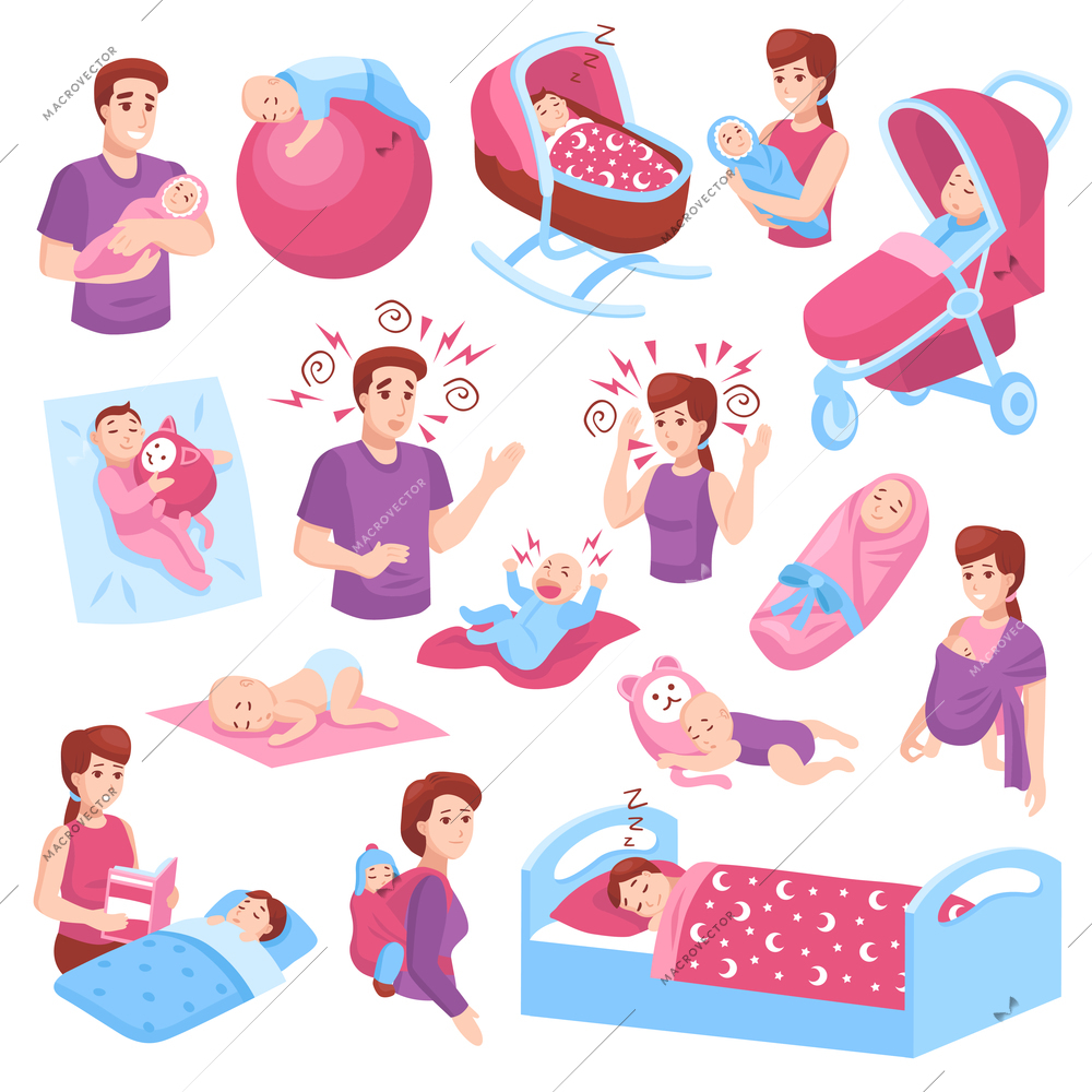 Sleeping babies toddlers kids children in crib stroller parents arms pink blue icons collection isolated vector illustration