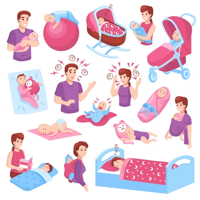 Sleeping babies toddlers kids children in crib stroller parents arms pink blue icons collection isolated vector illustration