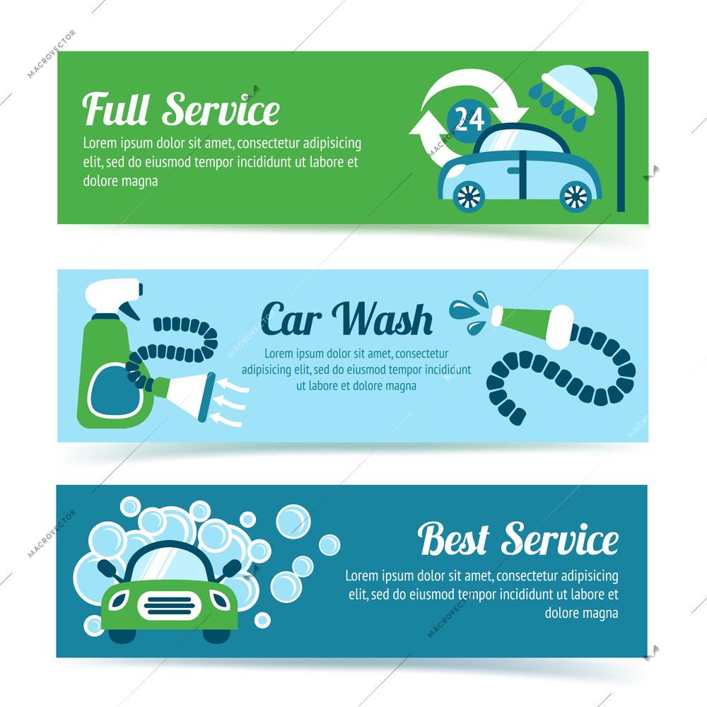 Car wash auto cleaner washer shower service banners set isolated vector illustration