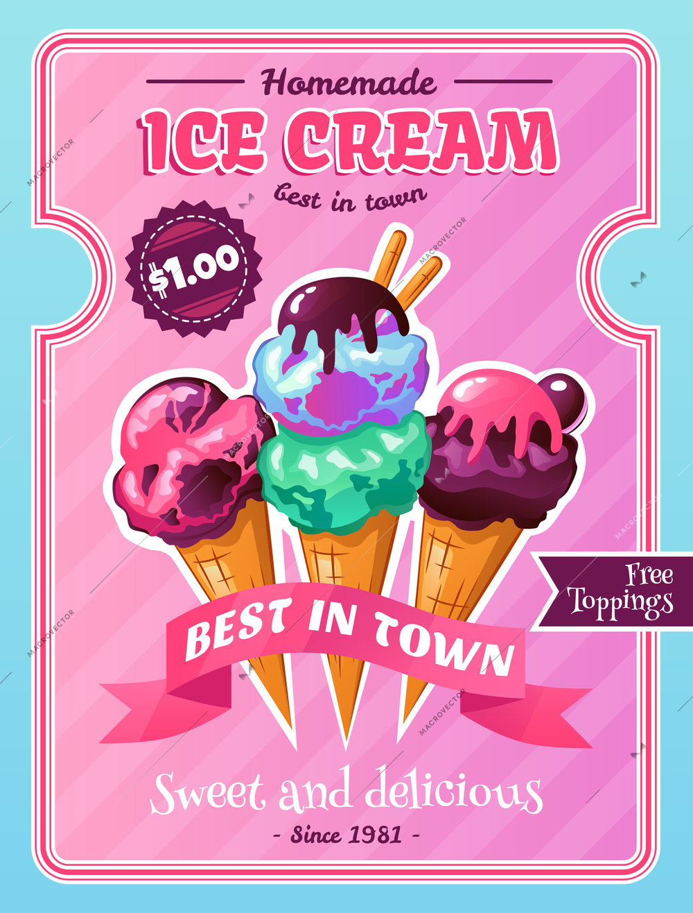 Ice cream cafe homemade desserts advertisement poster with delicious cones and chocolate toppings pink background vector illustration