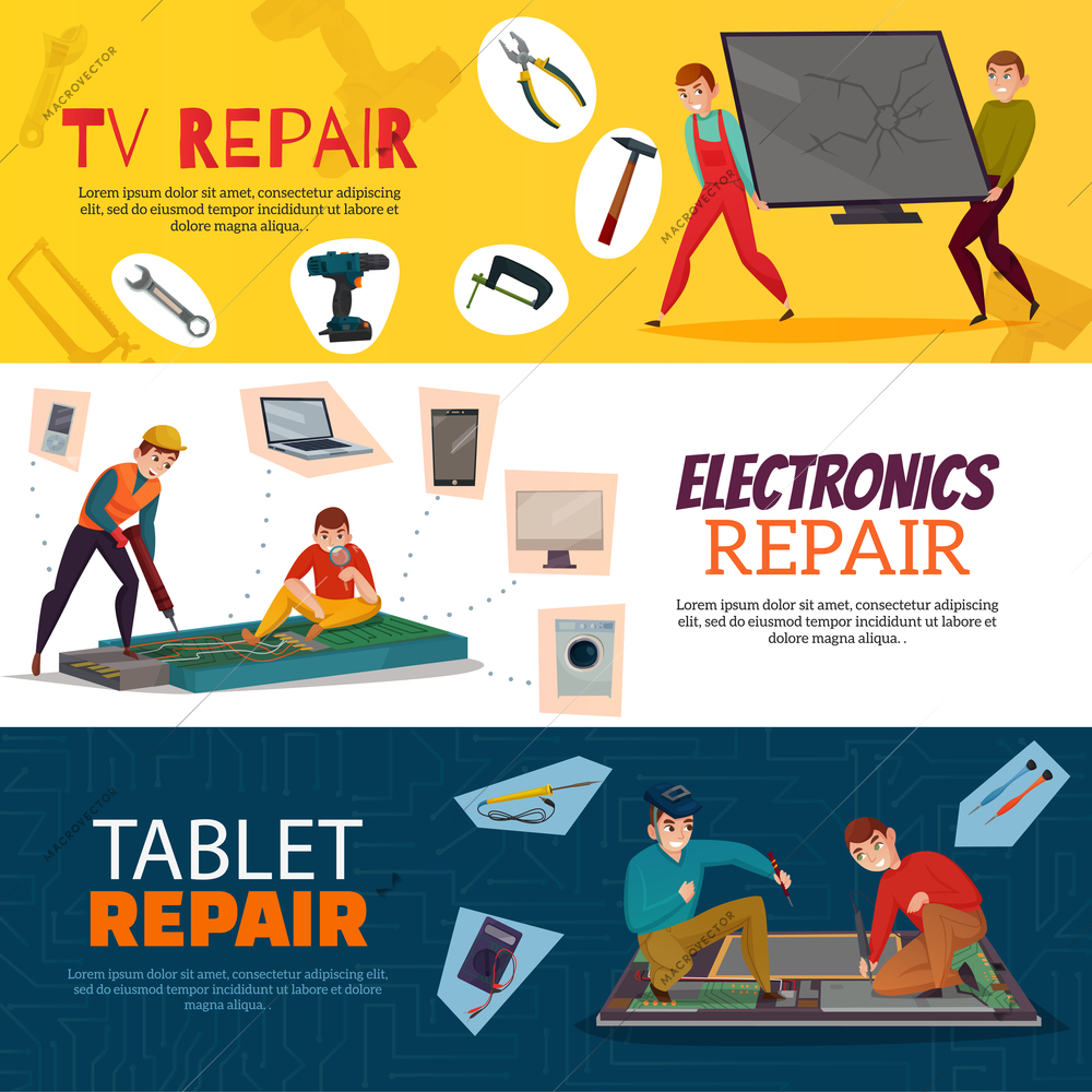 Electronics repair horizontal banners set with laptop TV and computer symbols flat isolated vector illustration