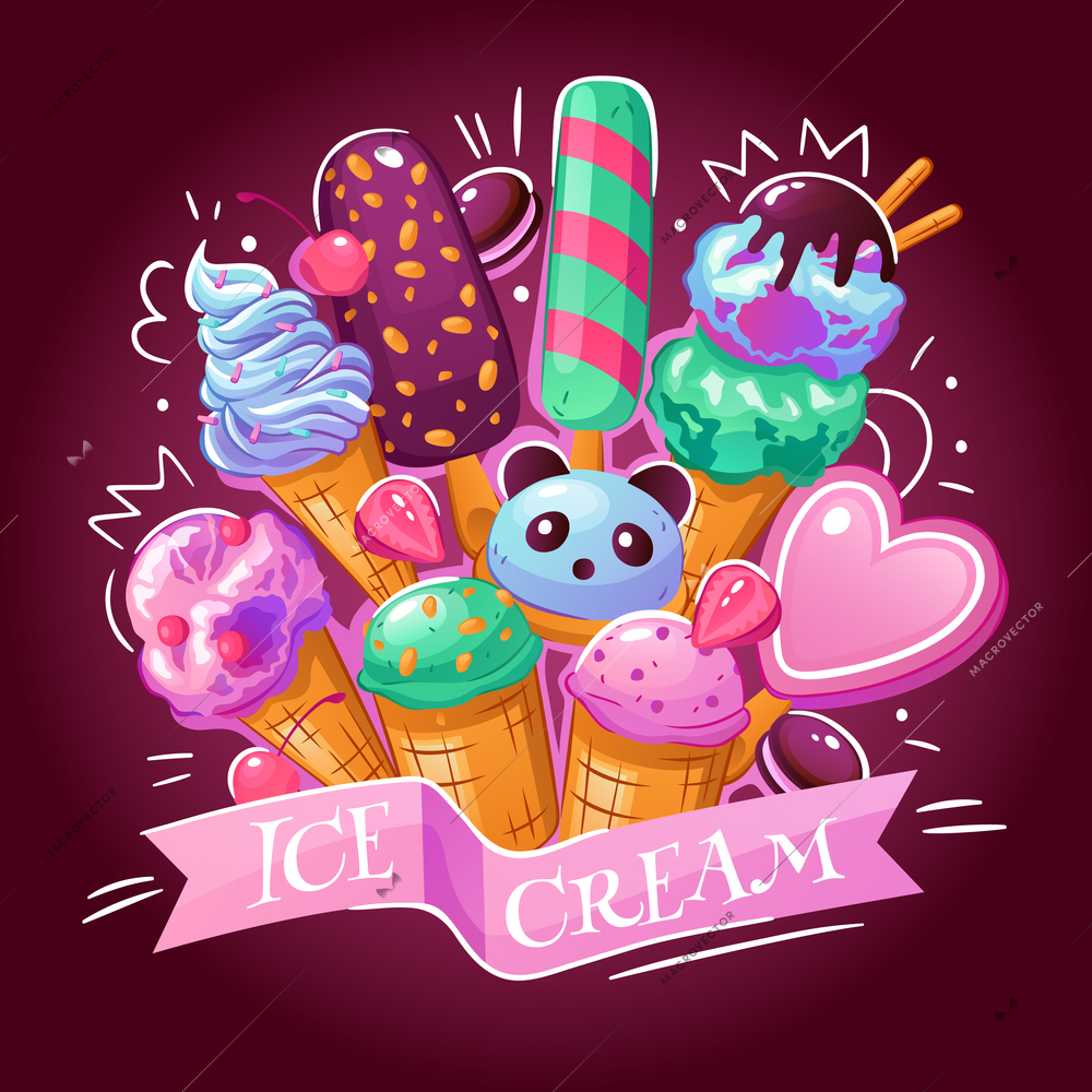 Ice cream products assortment background advertisement poster with delicious frozen yogurt chocolate strawberry japanese desserts vector illustration