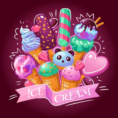 Ice cream products assortment background advertisement poster with delicious frozen yogurt chocolate strawberry japanese desserts vector illustration