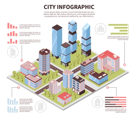 Modern city business center offices district and residential area buildings infrastructure isometric infographic poster vector illustration