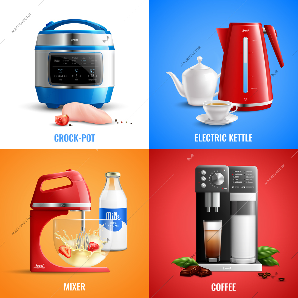 Household kitchen appliances 2x2 design concept set of coffee machine mixer electric kettle crock pot realistic vector illustration