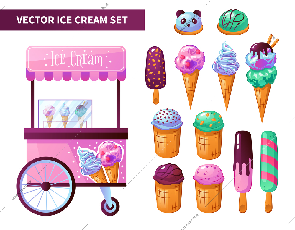 Ice cream cart products set with chocolate vanilla frozen yogurt snacks bar waffle cones isolated vector illustration