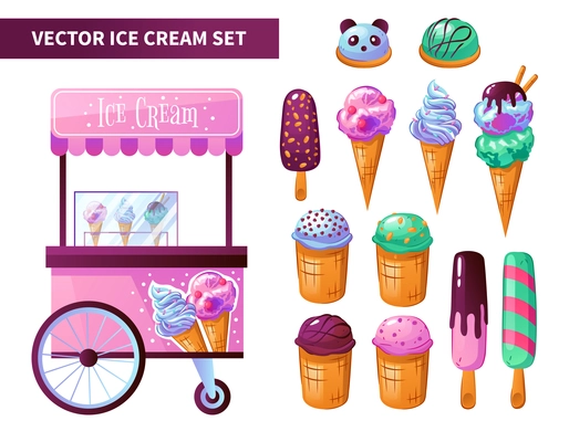 Ice cream cart products set with chocolate vanilla frozen yogurt snacks bar waffle cones isolated vector illustration