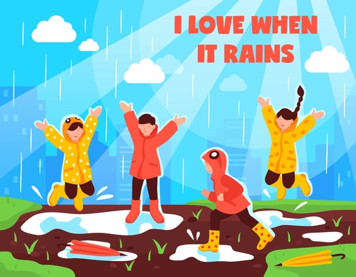 Kids love rainy weather poster with children in waterproof clothing having fun jumping in puddles vector illustration
