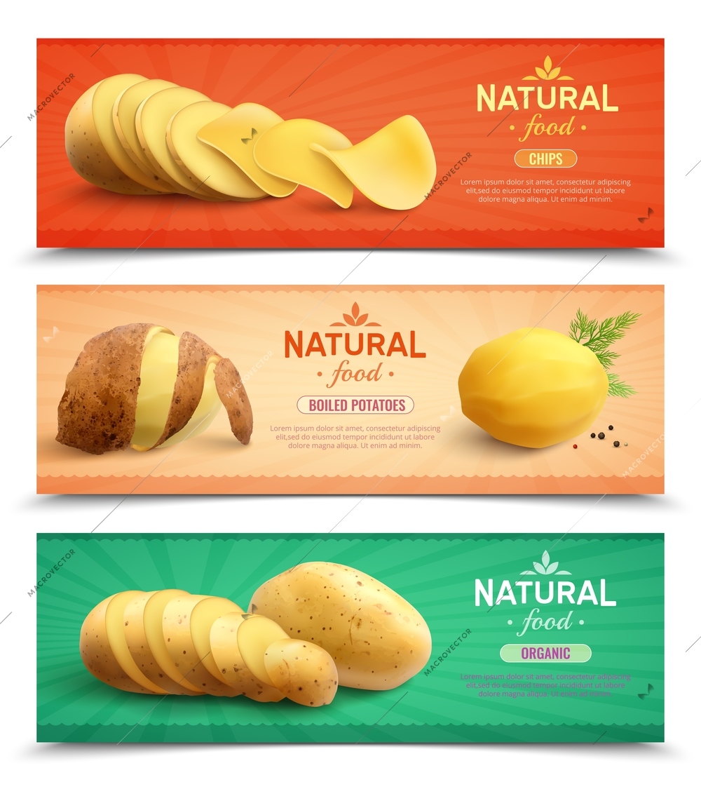 Natural food horizontal banners set of chips boiled product and raw roots realistic vector illustration