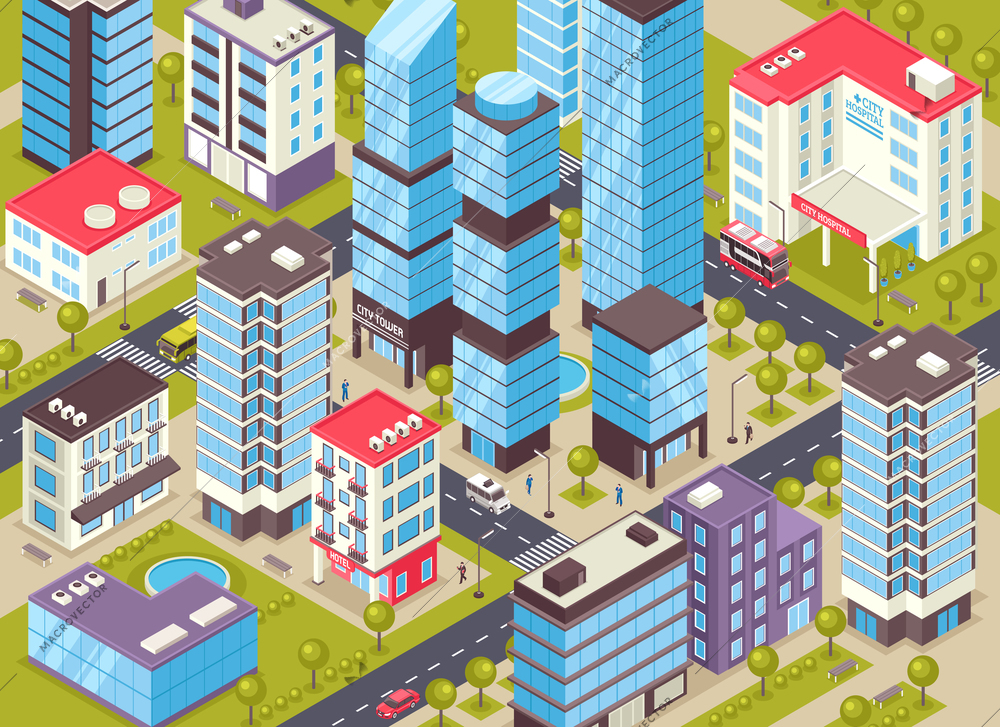 Modern city center district isometric close up detail with administrative business and residential buildings facilities vector illustration