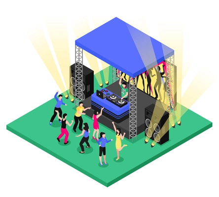 Outdoor party festival event dj music    equipment tent installation isometric composition with dancing people vector illustration