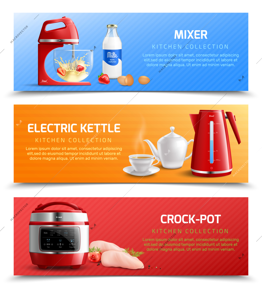 Household kitchen appliances horizontal banners with electric kettle mixer and crock pot realistic vector illustration