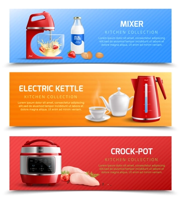 Household kitchen appliances horizontal banners with electric kettle mixer and crock pot realistic vector illustration