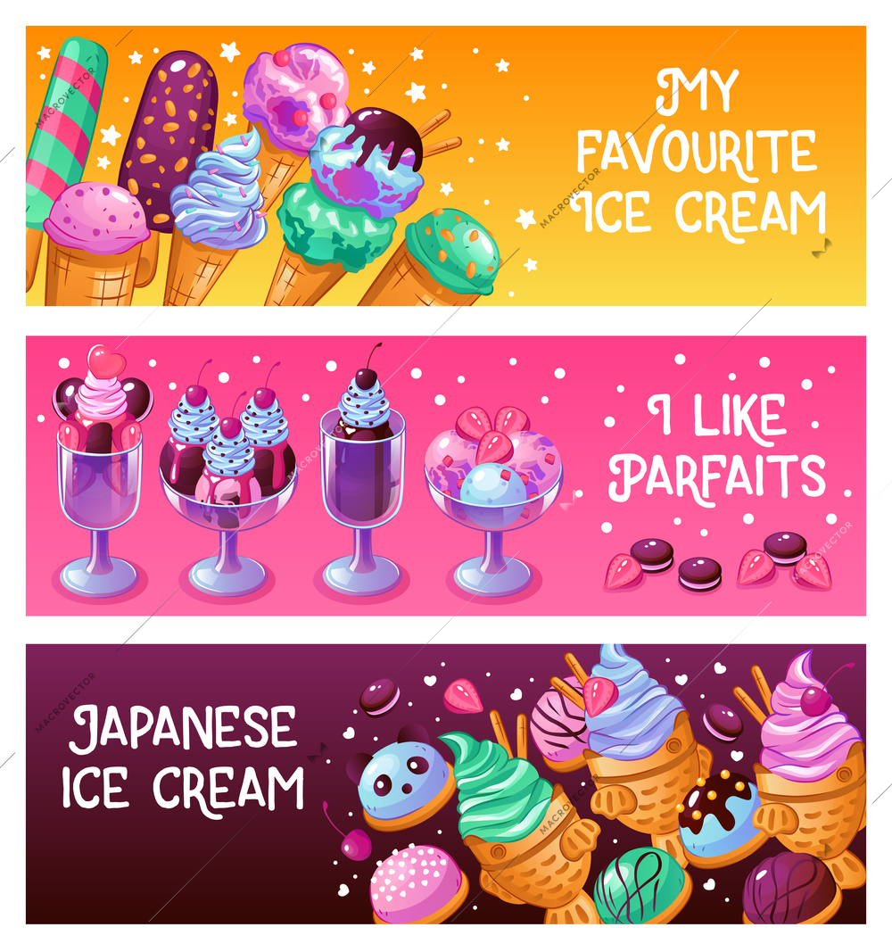 Japanese ice cream parfait frozen dessert waffle cones with pistache balls 3 horizontal banners isolated vector illustration