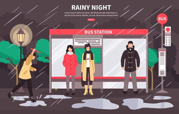 Bad weather transportation web page poster with people waiting at bus stop on rainy night vector illustration