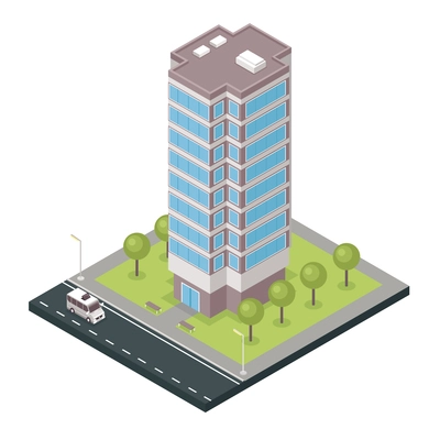 Tall modern free standing city tower building isometric composition with adjacent street and grass lawn vector illustration