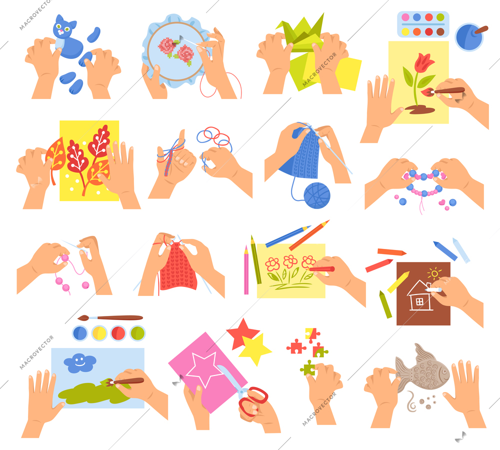 Creative kids hands knitting embroidering folding origami making homemade beads bracelet drawing coloring icons set vector illustration