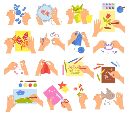 Creative kids hands knitting embroidering folding origami making homemade beads bracelet drawing coloring icons set vector illustration