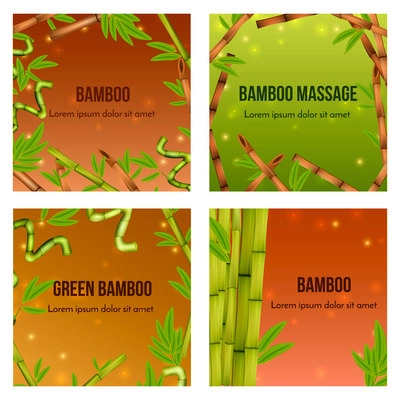 Green bamboo realistic natural background 4 icons square with decorative elements and massage tools isolated vector illustration