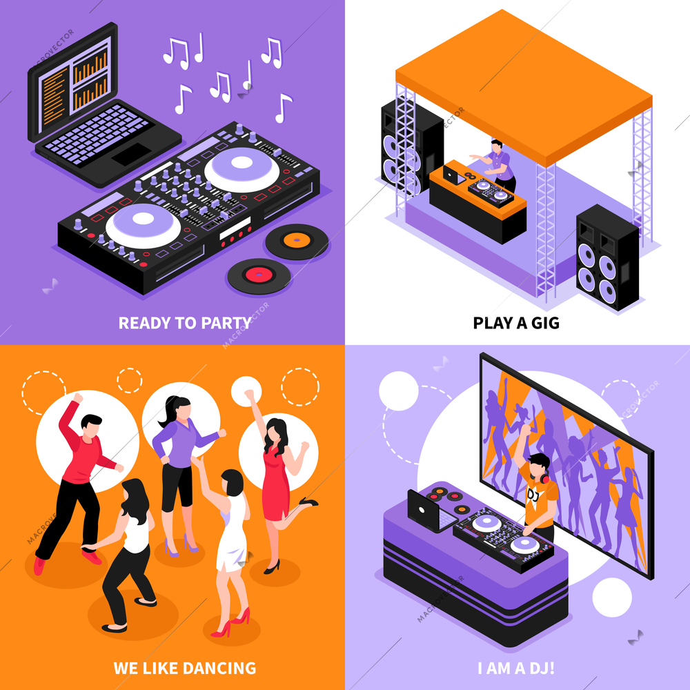 DJ music 4 isometric icons concept with  audio system party dancing corporate gig play isolated vector illustration