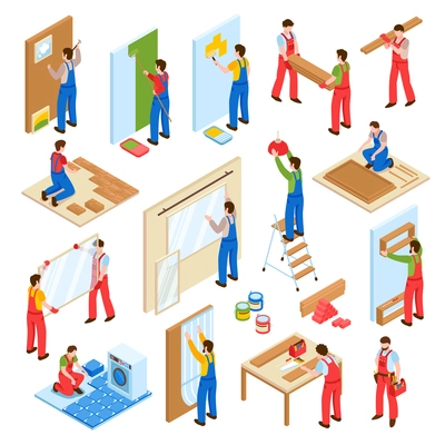 Home repair renovation remodeling service workers isometric collection with walls painting laminate flooring laying isolated vector illustration