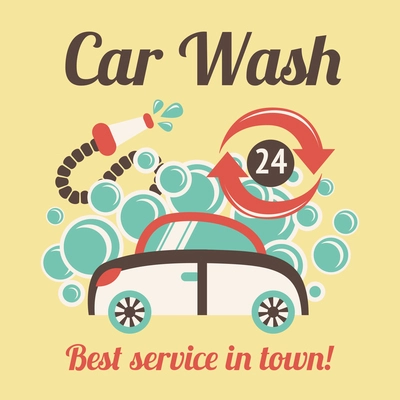 Car wash auto cleaner best service in town 24h poster vector illustration.