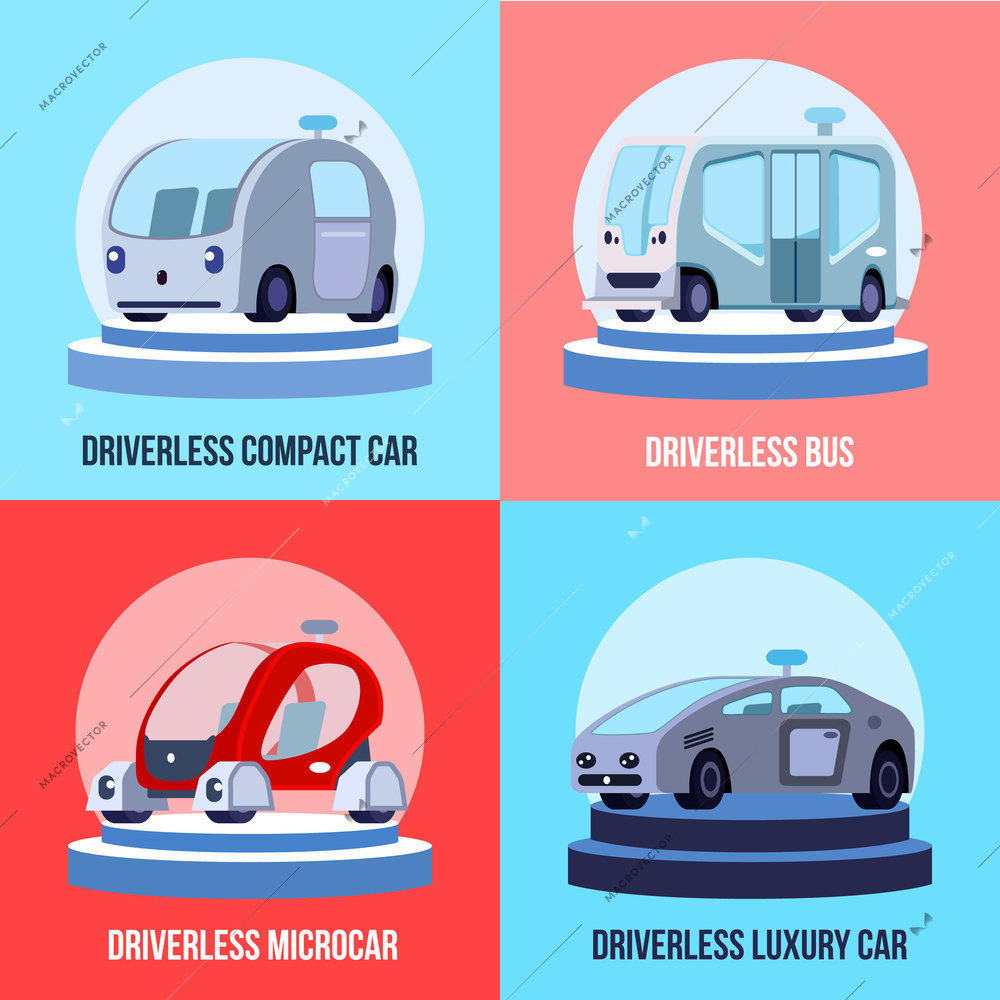 Autonomous driverless vehicles 4 colorful background icons square with compact luxurious car and bus isolated vector illustration