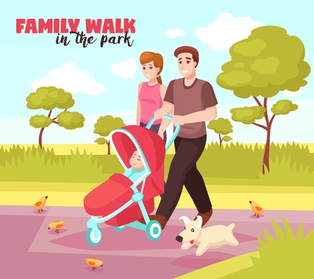 Young family summer walking in park with doggy and sleeping in pram baby poster vector illustration