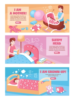 Mother putting baby to sleep in bed cradle swing 3 bedtime horizontal banners isolated vector illustration