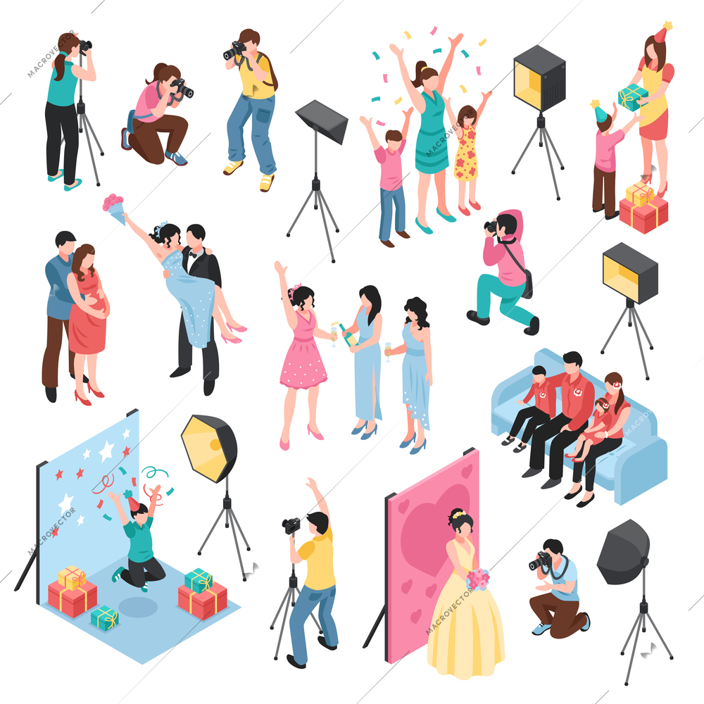 Professional photographer studio isometric elements collection with lighting equipment wedding fashion birthday celebrations family shooting vector illustration