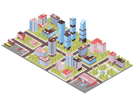 City district isometric composition with business center office towers auto repair parking lot stores buildings vector illustration